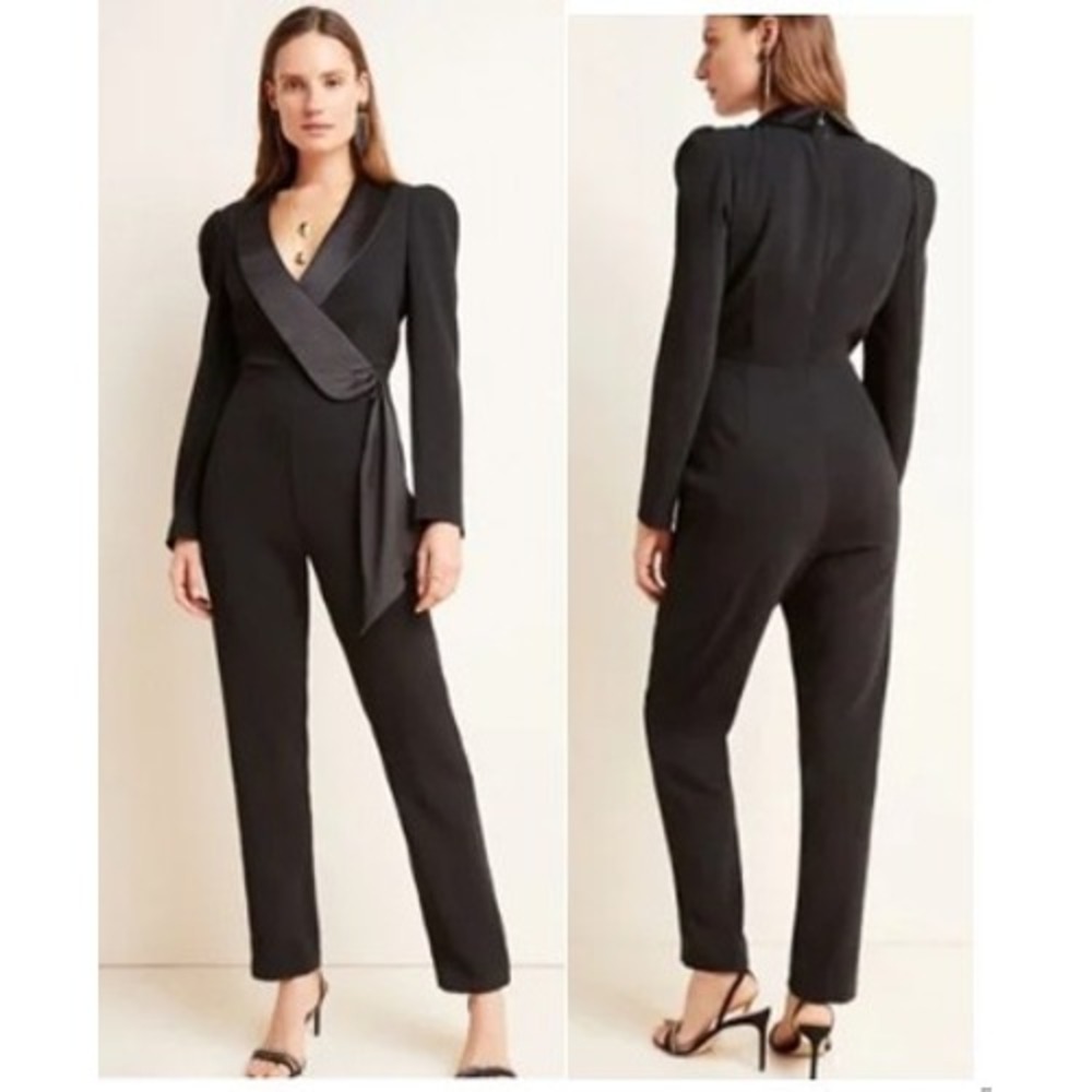 Harlyn Anthropologie NWT M Blackβ Tuxedo Jumpsuit Tailored Satin Detail Formal